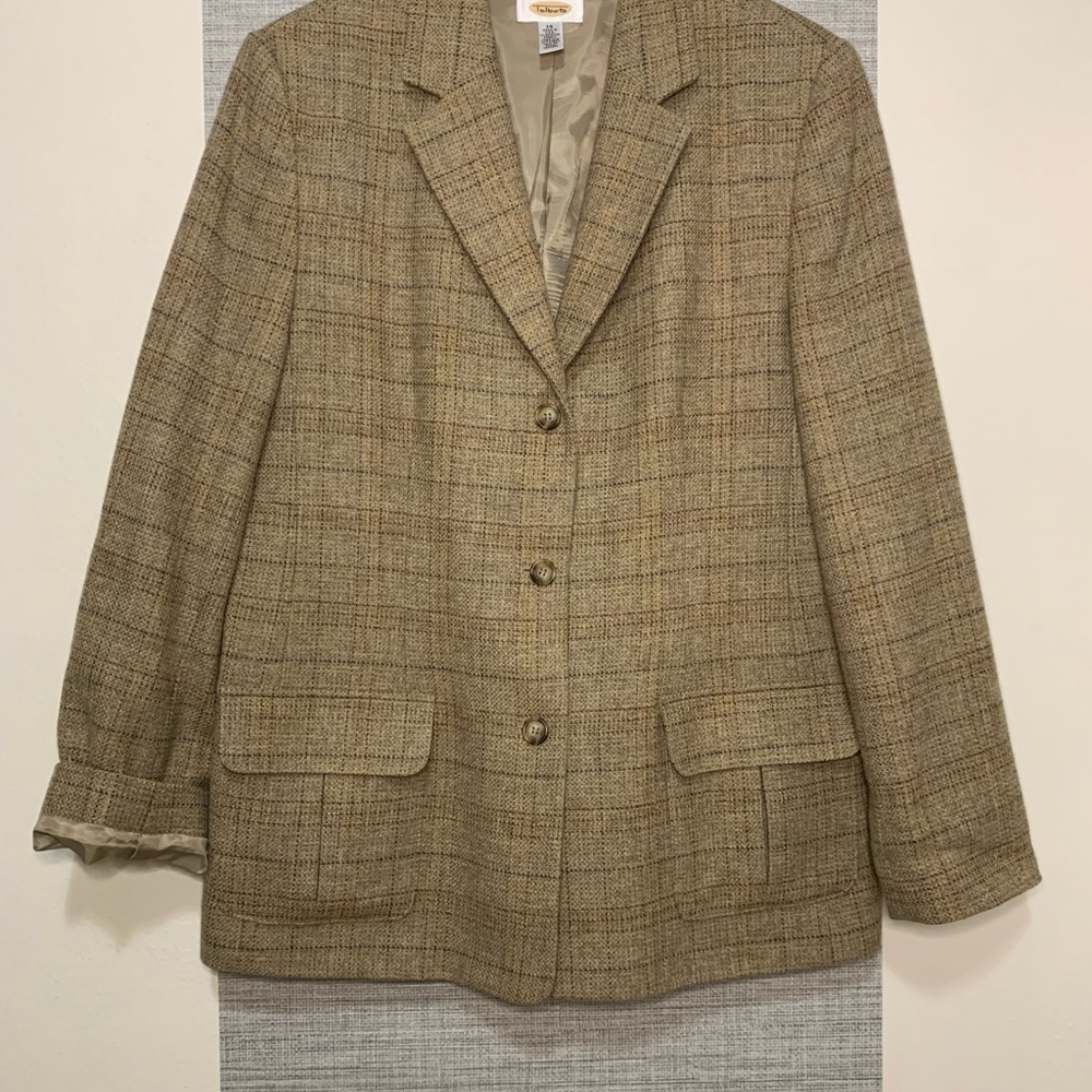 Talbots Classic Tan Plaid Women's Blazer P2P 20.5” Sz 14